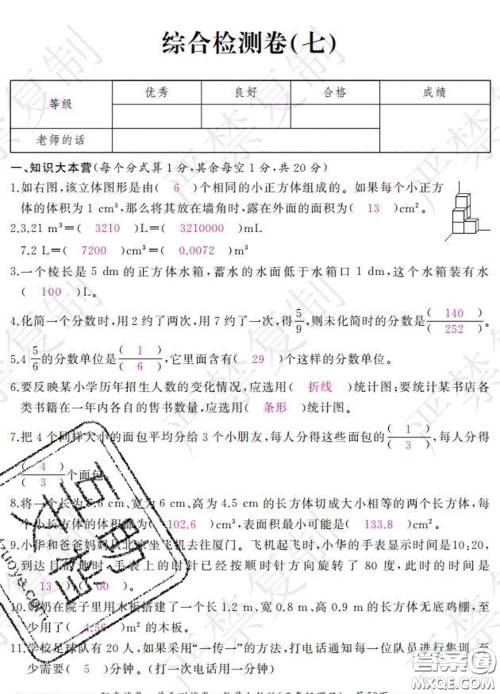 2020春阳光试卷单元测试卷五年级数学下册人教版答案