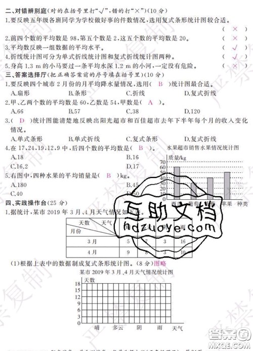 2020春阳光试卷单元测试卷五年级数学下册北师版答案