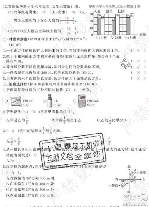 2020春阳光试卷单元测试卷五年级数学下册北师版答案