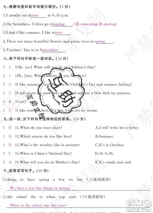 2020春阳光试卷单元测试卷五年级英语下册人教版答案