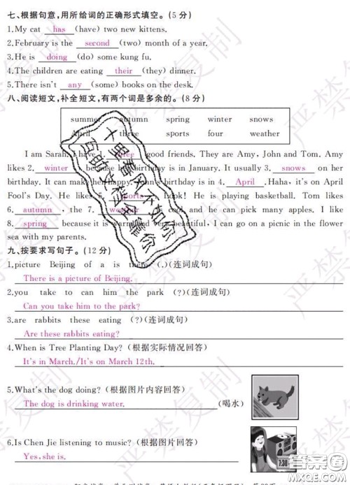 2020春阳光试卷单元测试卷五年级英语下册人教版答案