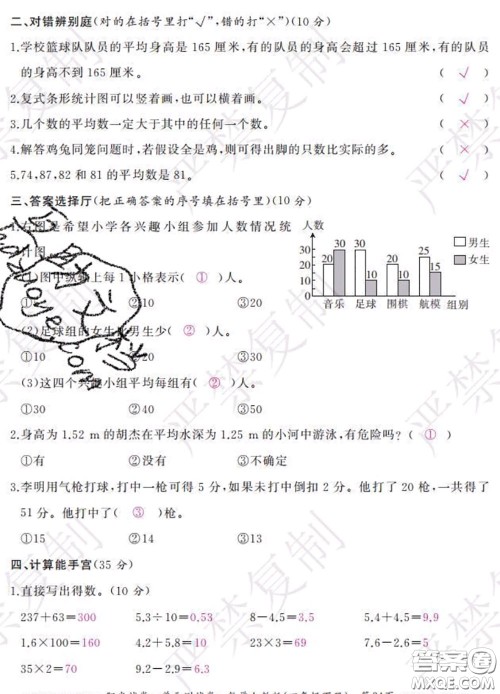 2020春阳光试卷单元测试卷四年级数学下册人教版答案