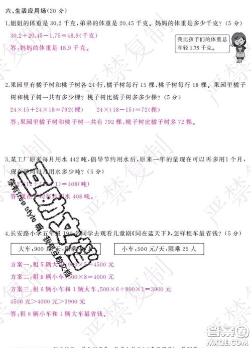 2020春阳光试卷单元测试卷四年级数学下册人教版答案