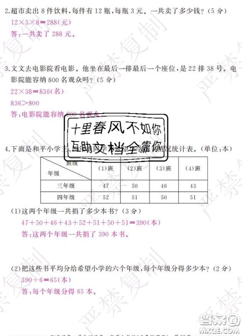 2020春阳光试卷单元测试卷三年级数学下册人教版答案