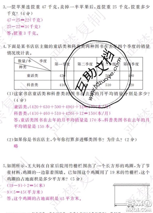 2020春阳光试卷单元测试卷三年级数学下册人教版答案