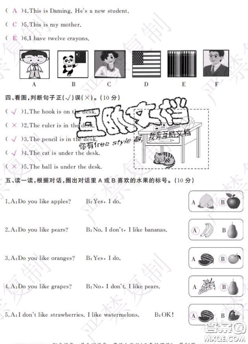 2020春阳光试卷单元测试卷三年级英语下册人教版答案