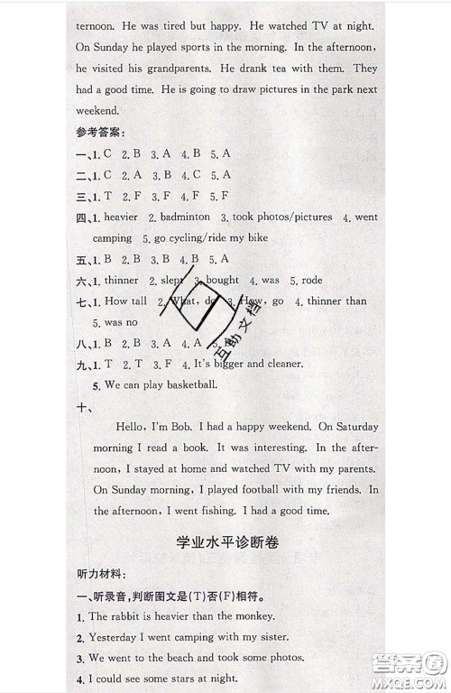 江西高校出版社2020春小卷霸六年级英语下册人教版答案