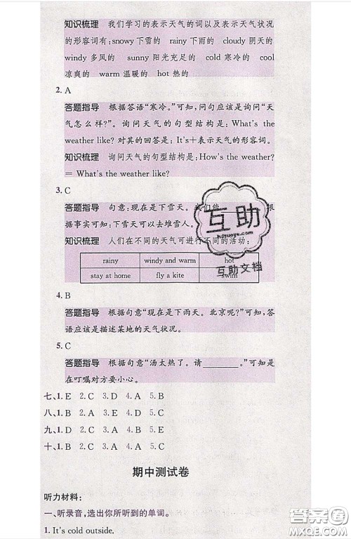 江西高校出版社2020春小卷霸四年级英语下册人教版答案