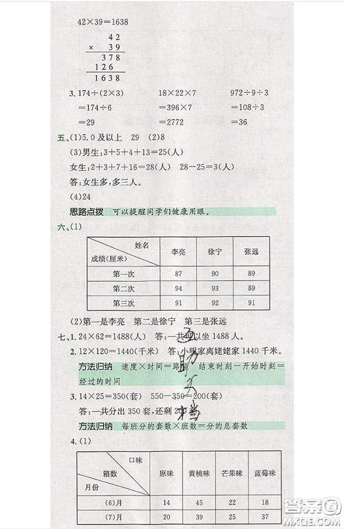 江西高校出版社2020春小卷霸三年级数学下册人教版答案