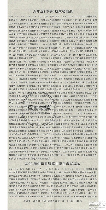 吉林教育出版社2020启航新课堂九年级道德与法治下册人教版答案