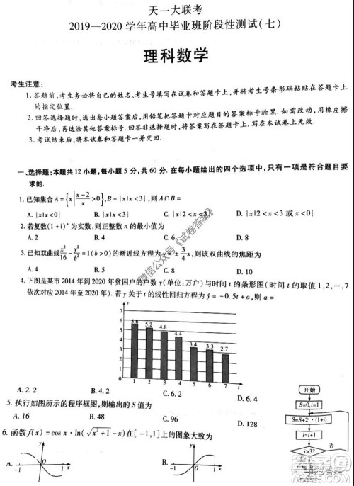 天一大联考2019-2020学年高中毕业班阶段性测试七理科数学试题及答案