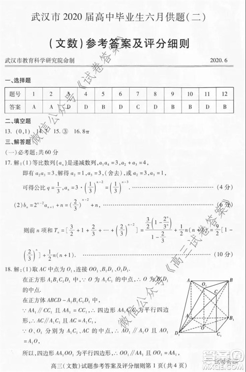 武汉市2020届高中毕业生六月供题二文科数学试题及答案 武汉市2020届高中毕业生六月供题二文科数学试题及答案