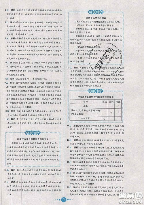 2020春课时练核心素养卷初中同步达标测试卷七年级生物下册答案 2020春课时练核心素养卷初中同步达标测试卷七年级生物下册答案