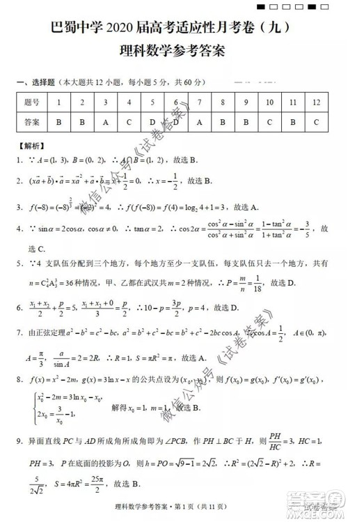 巴蜀中学2020届高考适应性月考卷九理科数学试题及答案