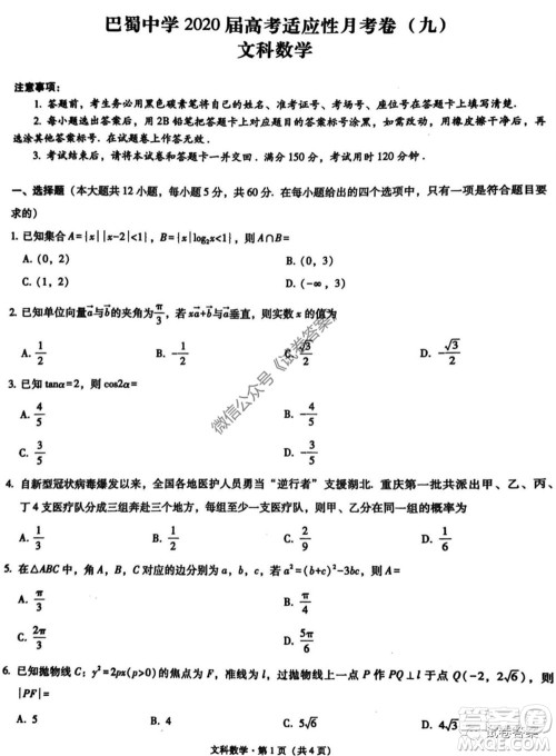 巴蜀中学2020届高考适应性月考卷九文科数学试题及答案