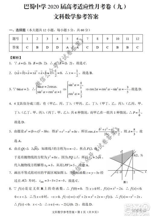 巴蜀中学2020届高考适应性月考卷九文科数学试题及答案