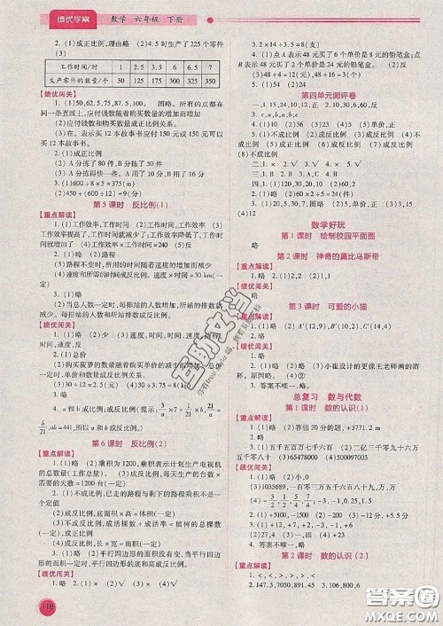 陕西师范大学出版社2020春绩优学案六年级数学下册人教版答案