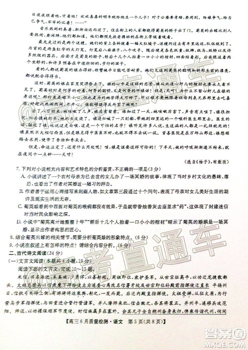 九师联盟2019-2020学年高三6月质量检测语文试题及答案