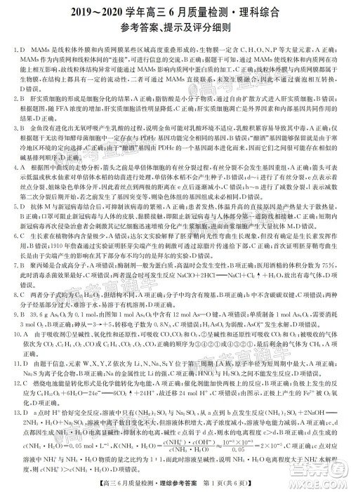 九师联盟2019-2020学年高三6月质量检测理科综合试题及答案