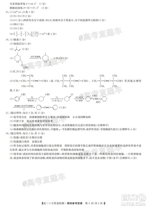 九师联盟2019-2020学年高三6月质量检测理科综合试题及答案