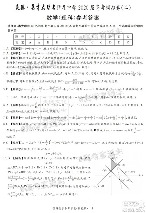 炎德英才大联考雅礼中学2020届高考模拟卷二理科数学试题及答案