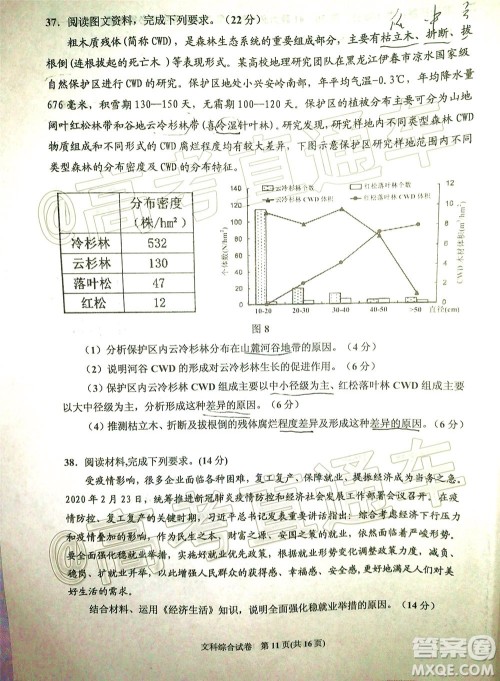 2020年银川一中四模高三文科综合试题及答案