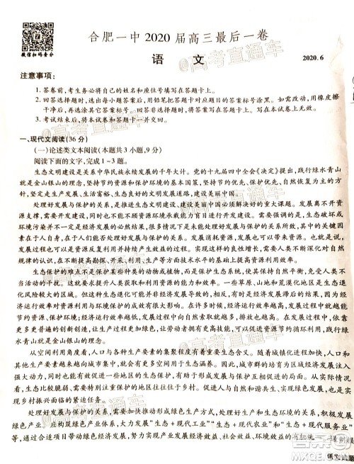 合肥一中2020届高三最后一卷语文试题及答案 合肥一中2020届高三最后一卷语文试题及答案
