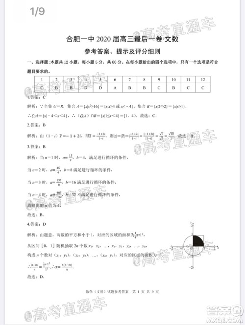 合肥一中2020届高三最后一卷文科数学试题及答案