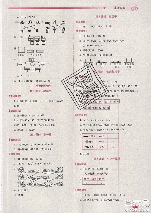 陕西师范大学出版社2020春绩优学案一年级数学下册人教版答案