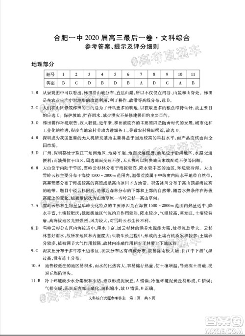 合肥一中2020届高三最后一卷文科综合试题及答案