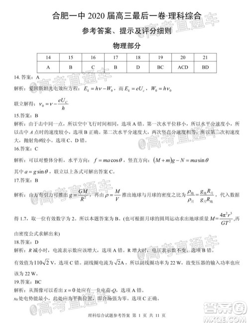 合肥一中2020届高三最后一卷理科综合试题及答案