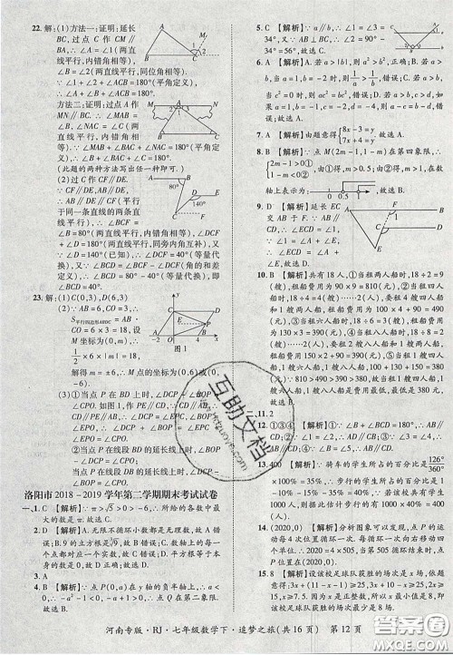 2020年追梦之旅初中期末真题篇七年级数学下册人教版河南专版答案 2020年追梦之旅初中期末真题篇七年级数学下册人教版河南专版答案