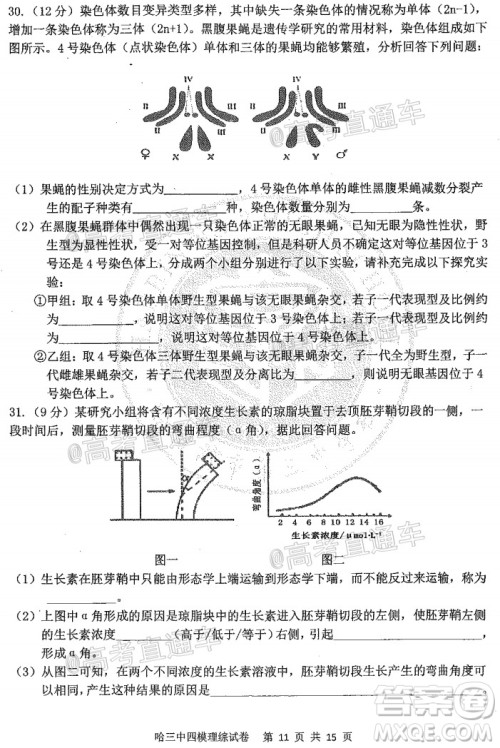 2020年哈三中高三学年第四次模拟考试理科综合试题及答案