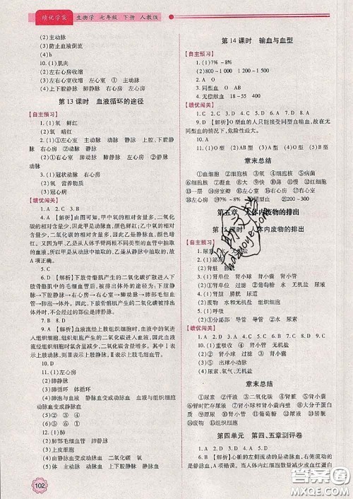 陕西师范大学出版社2020春绩优学案七年级生物下册人教版答案 陕西师范大学出版社2020春绩优学案七年级生物下册人教版答案