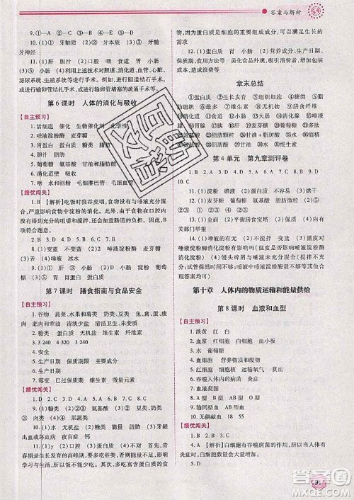 陕西师范大学出版社2020春绩优学案七年级生物下册苏教版答案 陕西师范大学出版社2020春绩优学案七年级生物下册苏教版答案