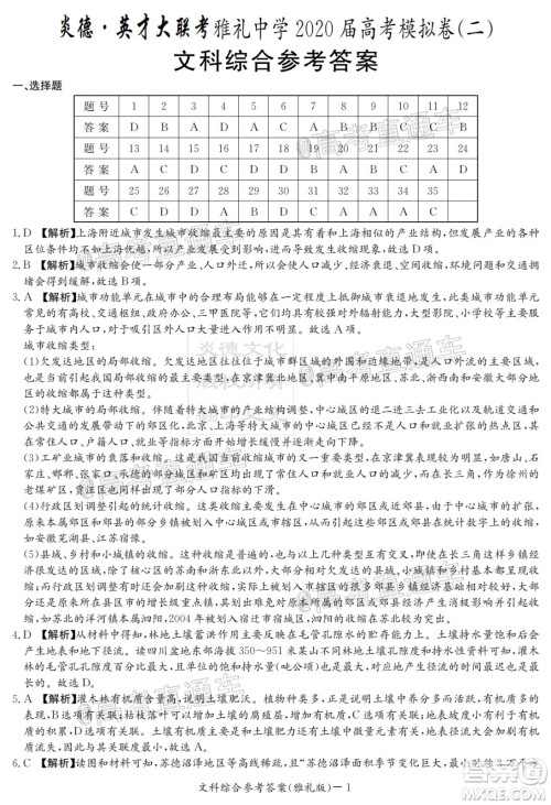 炎德英才大联考雅礼中学2020届高考模拟卷二文科综合试题及答案