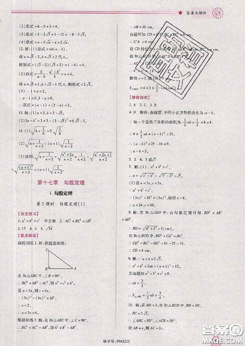 陕西师范大学出版社2020春绩优学案八年级数学下册人教版答案