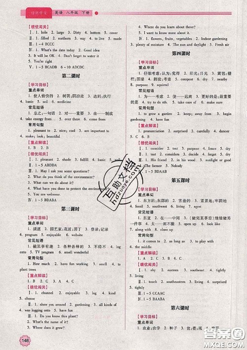 陕西师范大学出版社2020春绩优学案八年级英语下册冀教版答案