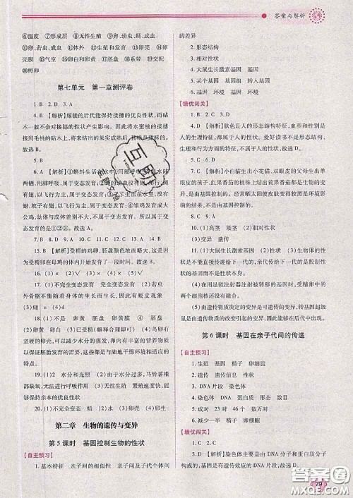 陕西师范大学出版社2020春绩优学案八年级生物下册人教版答案 陕西师范大学出版社2020春绩优学案八年级生物下册人教版答案