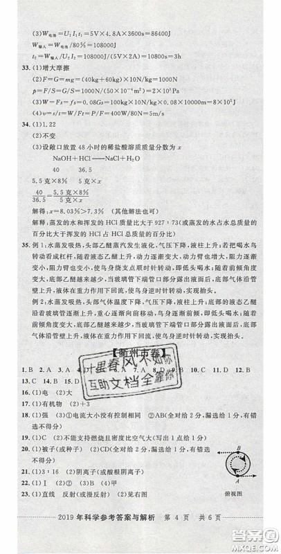 2020年中考必备2019中考利剑浙江省中考试卷汇编科学答案 2020年中考必备2019中考利剑浙江省中考试卷汇编科学答案
