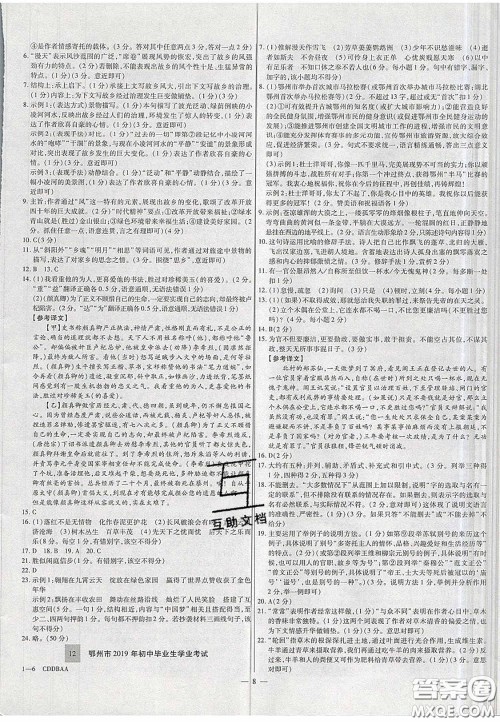 2020年中考必备湖北省中考试题精编语文答案