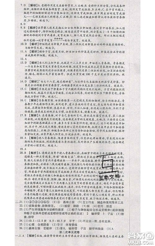2020春全程测评试卷七年级生物下册人教版答案 2020春全程测评试卷七年级生物下册人教版答案