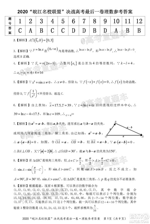 2020年皖江名校联盟决战高考最后一卷理科数学试题及答案