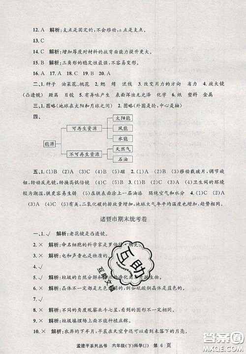 2020年孟建平各地期末试卷精选六年级科学下册教科版答案 2020年孟建平各地期末试卷精选六年级科学下册教科版答案