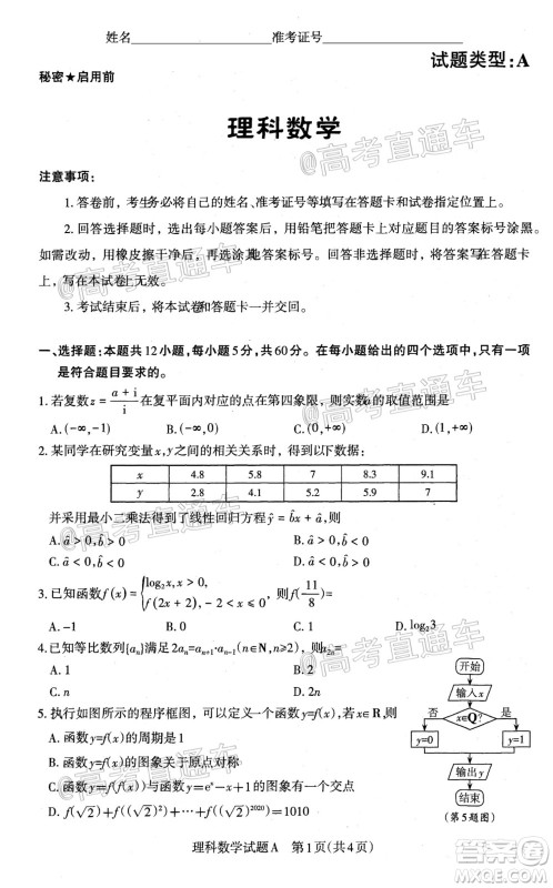 2020年山西省三模高三理科数学试题及答案