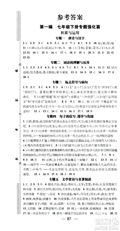 2020年期末冲刺王暑假作业语文七年级RJ人教版参考答案