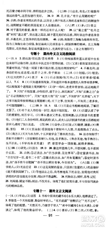 2020年期末冲刺王暑假作业语文七年级RJ人教版参考答案