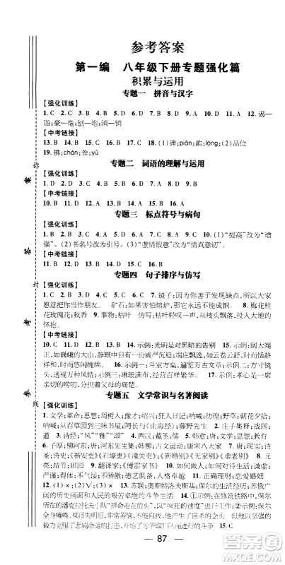 2020年期末冲刺王暑假作业语文八年级RJ人教版参考答案