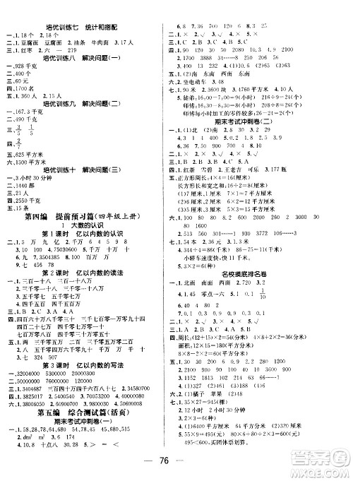 2020年期末冲刺王暑假作业数学三年级RJ人教版参考答案