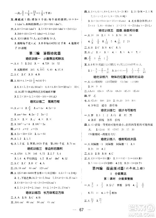 2020年期末冲刺王暑假作业数学五年级RJ人教版参考答案